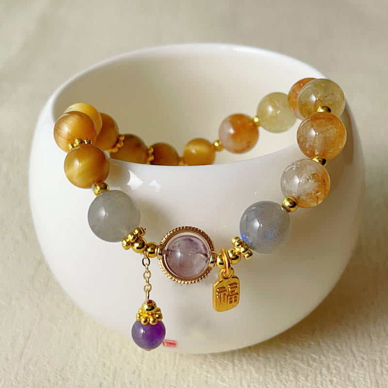 Buddha Stones天然シトリンタイガーアイ福文字繁栄ブレスレット