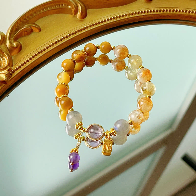 Buddha Stones天然シトリンタイガーアイ福文字繁栄ブレスレット
