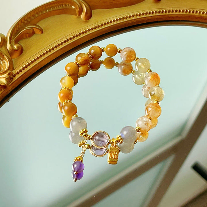 Buddha Stones天然シトリンタイガーアイ福文字繁栄ブレスレット