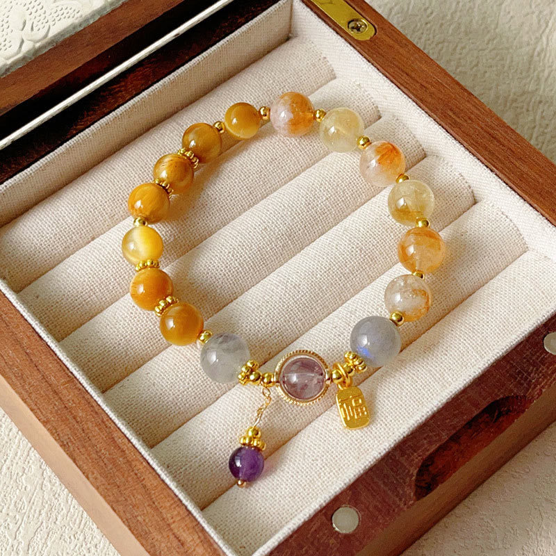 Buddha Stones天然シトリンタイガーアイ福文字繁栄ブレスレット