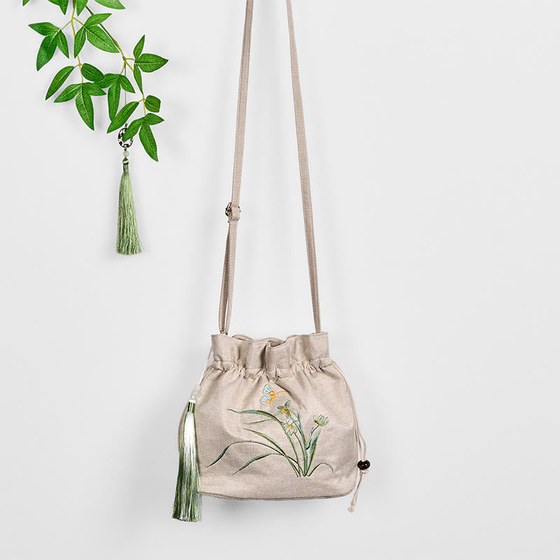 Buddha Stones刺繍ベージュオーキッドグラスコットンリネンクロスボディバッグショルダーバッグ