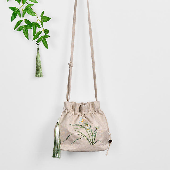 Buddha Stones刺繍ベージュオーキッドグラスコットンリネンクロスボディバッグショルダーバッグ