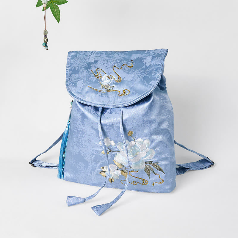 Buddha Stonesハンドメイド ブルー カメリア 刺繍 大容量 ポリエステル コットン バックパック