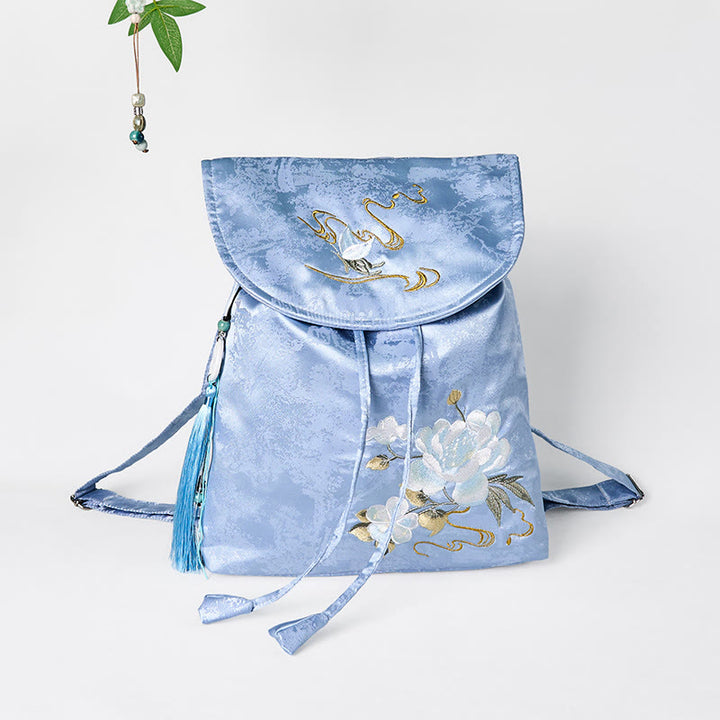 Buddha Stonesハンドメイド ブルー カメリア 刺繍 大容量 ポリエステル コットン バックパック