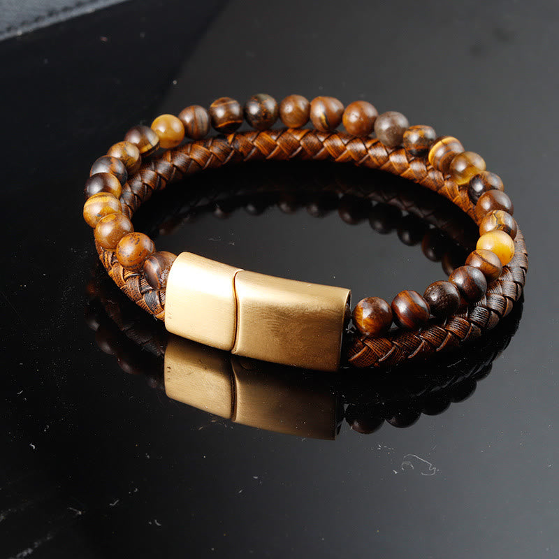 Buddha Stones、多層編み込みタイガーアイストーンビーズ、レザー、チタン鋼製高強度バックルブレスレット - image 1