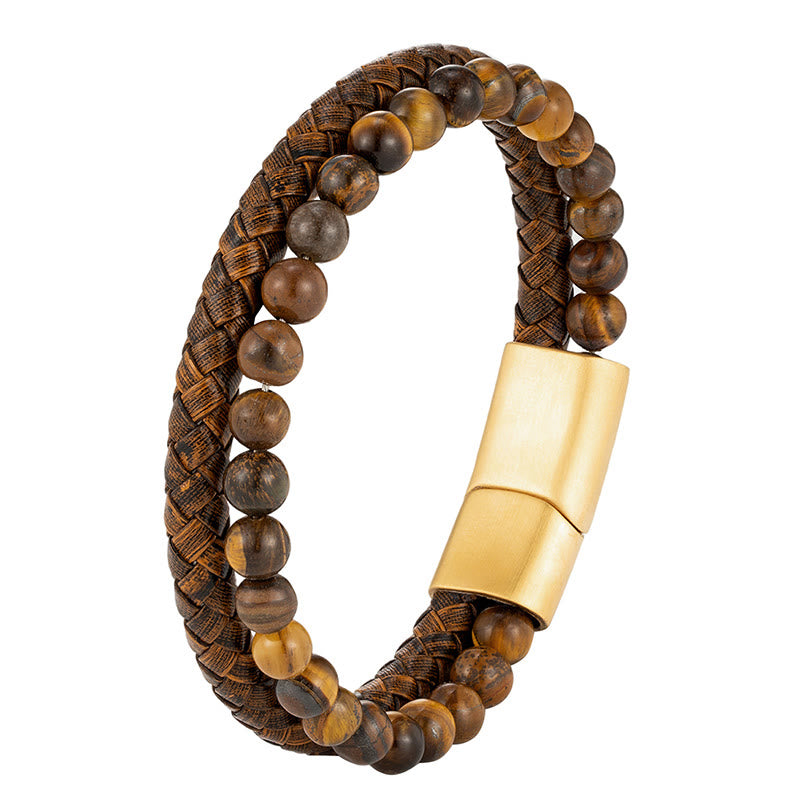 Buddha Stones多層編み タイガーアイ ストーン ビーズ レザー チタン鋼 強度バックル ブレスレット