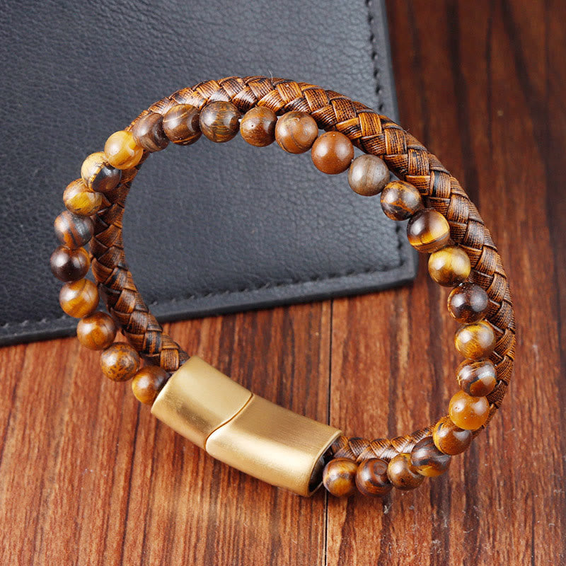 Buddha Stones多層編み タイガーアイ ストーン ビーズ レザー チタン鋼 強度バックル ブレスレット