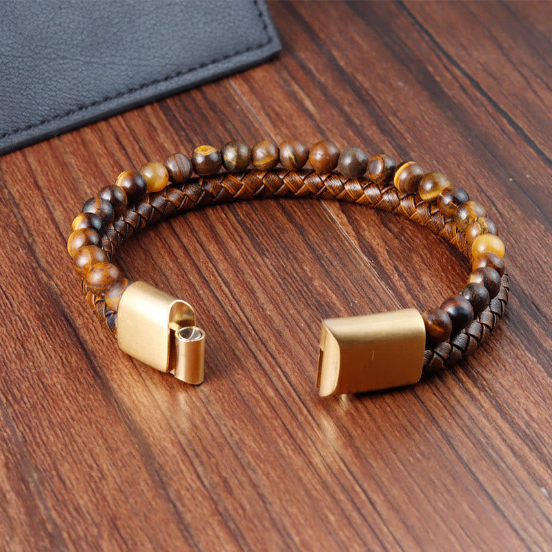 Buddha Stones、多層編み込みタイガーアイストーンビーズ、レザー、チタン鋼製高強度バックルブレスレット - image 5