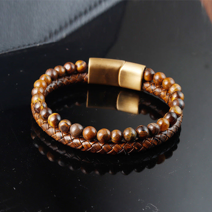 Buddha Stones、多層編み込みタイガーアイストーンビーズ、レザー、チタン鋼製高強度バックルブレスレット - タイガーアイ（手首周り：19～20cm） - image 0
