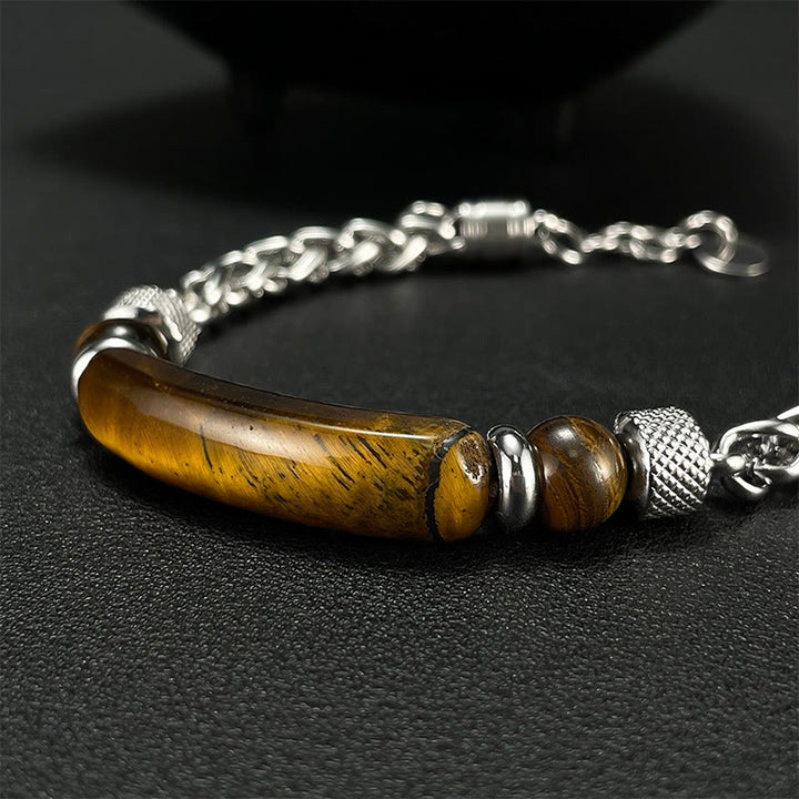 Buddha Stonesタイガーアイ ブラックオブシディアン チタン鋼 強度バックルブレスレット