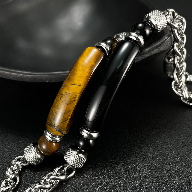 Buddha Stonesタイガーアイ ブラックオブシディアン チタン鋼 強度バックルブレスレット