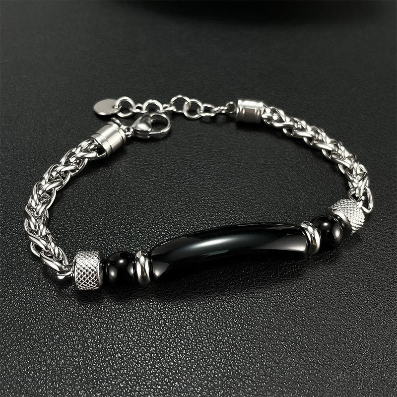 Buddha Stonesタイガーアイ ブラックオブシディアン チタン鋼 強度バックルブレスレット