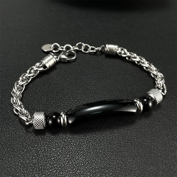 Buddha Stonesタイガーアイ ブラックオブシディアン チタン鋼 強度バックルブレスレット