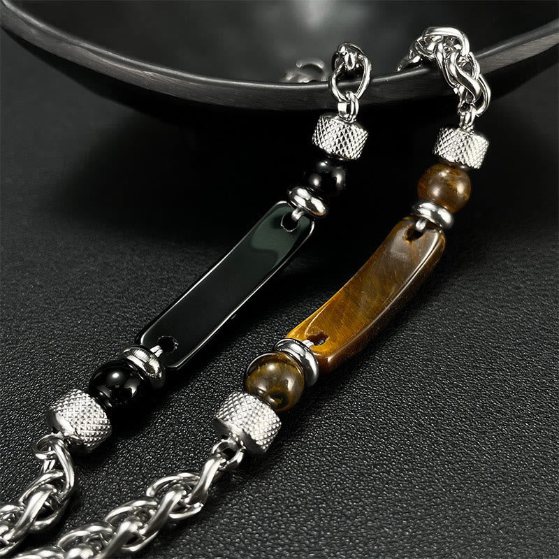 Buddha Stonesタイガーアイ ブラックオブシディアン チタン鋼 強度バックルブレスレット