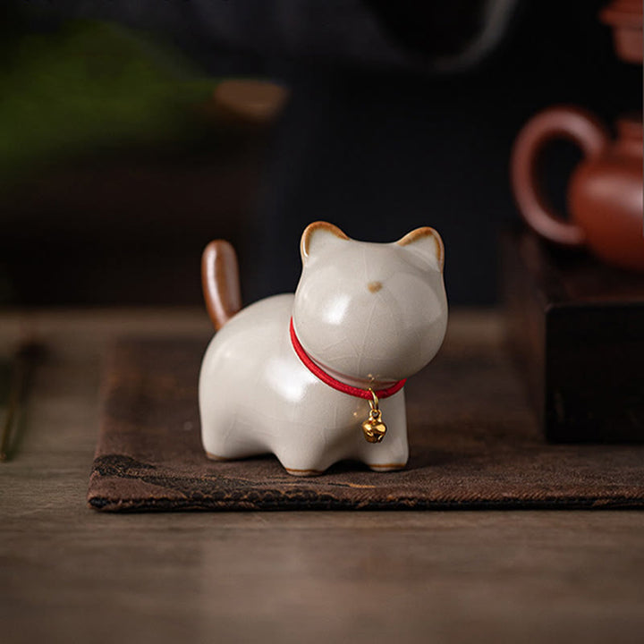 Buddha Stonesミニラッキーキュートスタンディングキャットレッドロープベルセラミックフィギュア装飾 - image 3