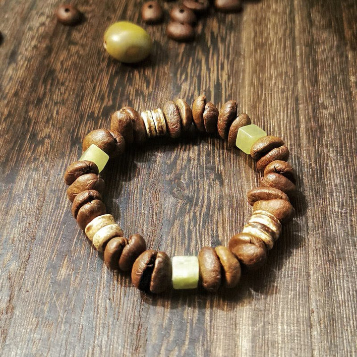 Buddha Stonesハンドメイド 天然コーヒー豆 ココナッツシェル スクエア翡翠 ポジティブブレスレット
