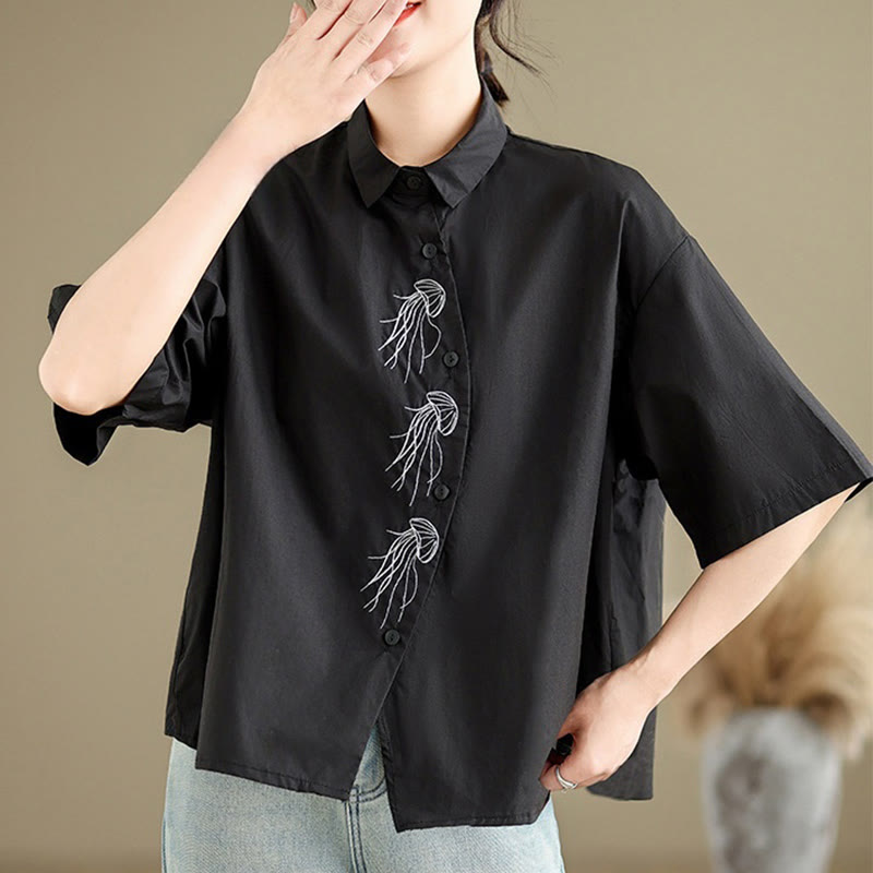 Buddha Stonesカジュアル レディース 刺繍 クラゲ柄 スタンドカラー ボタンデザイン 半袖 コットンシャツ - image 21