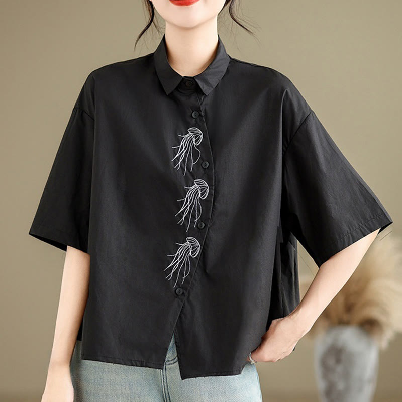 Buddha Stonesカジュアル レディース 刺繍 クラゲ柄 スタンドカラー ボタンデザイン 半袖 コットンシャツ - image 17