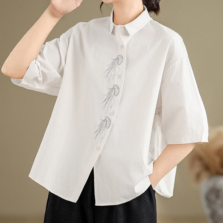 Buddha Stonesカジュアル レディース 刺繍 クラゲ柄 スタンドカラー ボタンデザイン 半袖 コットンシャツ - image 24