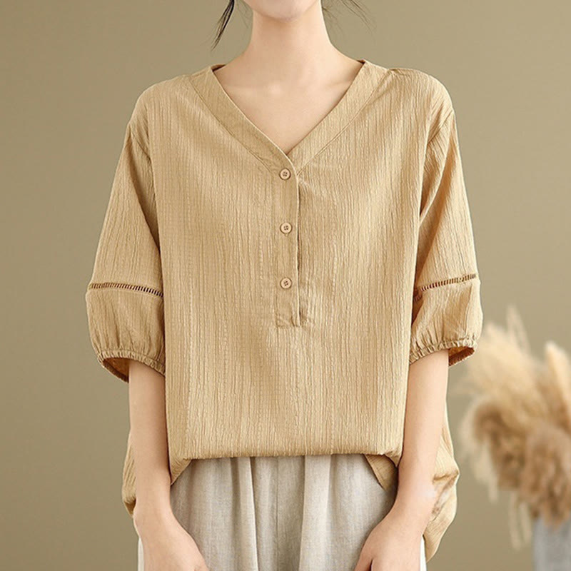 Buddha Stonesカジュアル 無地 ボタン Vネック レディース ポリエステル 半袖シャツ - image 5