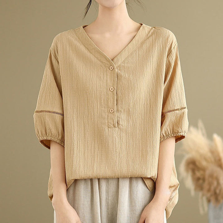 Buddha Stonesカジュアル 無地 ボタン Vネック レディース ポリエステル 半袖シャツ - image 5