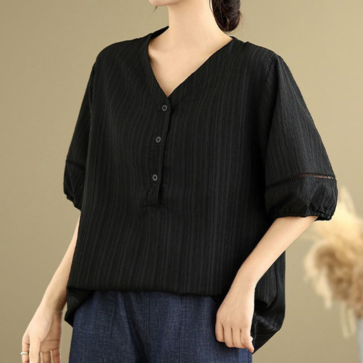 Buddha Stonesカジュアル 無地 ボタン Vネック レディース ポリエステル 半袖シャツ - image 15