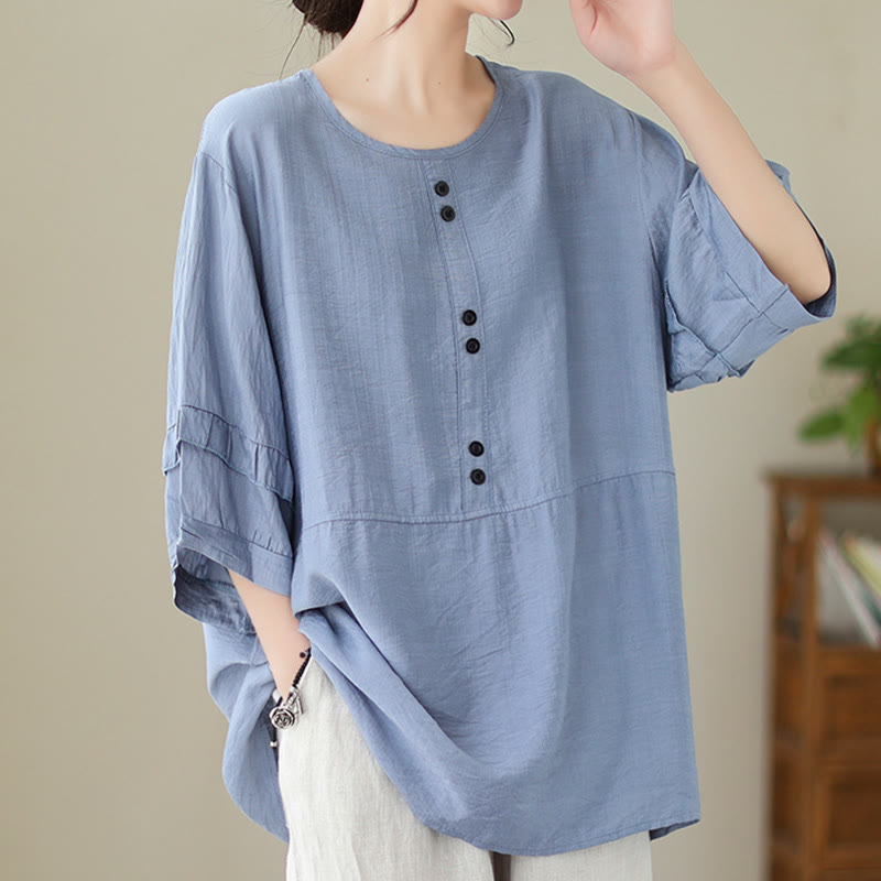 Buddha Stonesカジュアル サマー 無地 クルーネック レディース ポリエステル 半袖 Tシャツ - image 1