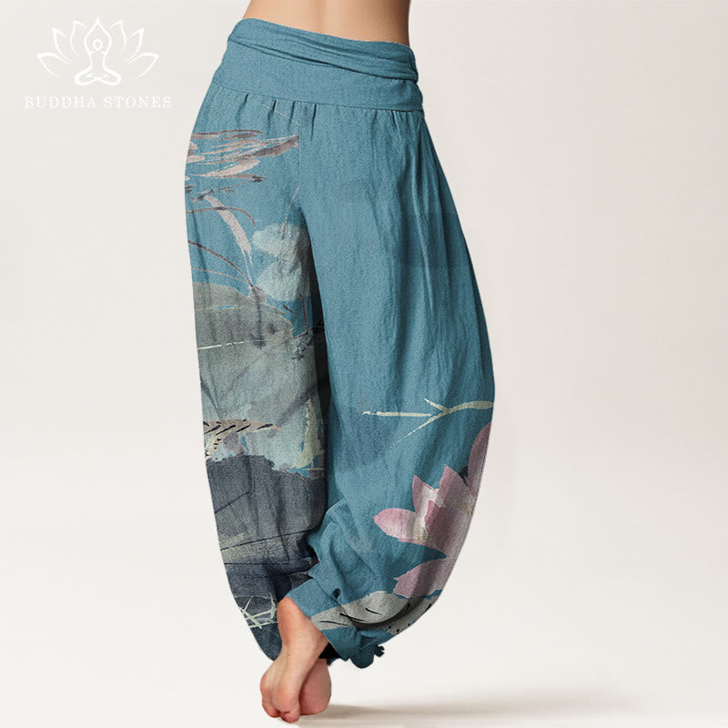 Buddha Stonesピンク蓮の葉鳥柄レディース伸縮性ウエストハーレムパンツ - image 7