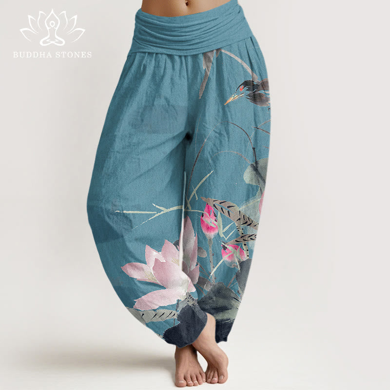 Buddha Stonesコットンピンク蓮の葉鳥柄レディース伸縮性ウエストハーレムパンツ - ダークターコイズ - US22、 UK/AU26、 EU54 (6XL) - image 4
