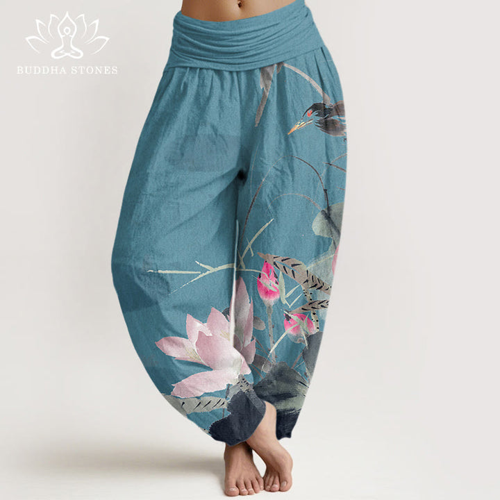 Buddha Stonesコットンピンク蓮の葉鳥柄レディース伸縮性ウエストハーレムパンツ - ダークターコイズ - US22、 UK/AU26、 EU54 (6XL) - image 4