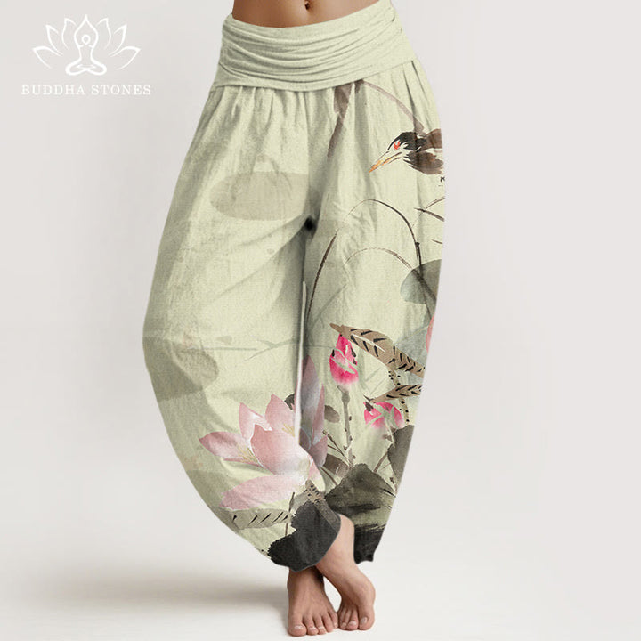 Buddha Stonesピンク蓮の葉鳥柄レディース伸縮性ウエストハーレムパンツ - カーキ - US22、 UK/AU26、 EU54 (6XL) - image 1