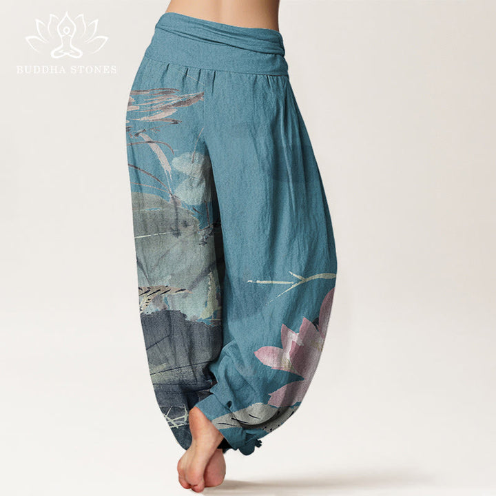 Buddha Stonesコットンピンク蓮の葉鳥柄レディース伸縮性ウエストハーレムパンツ - image 6