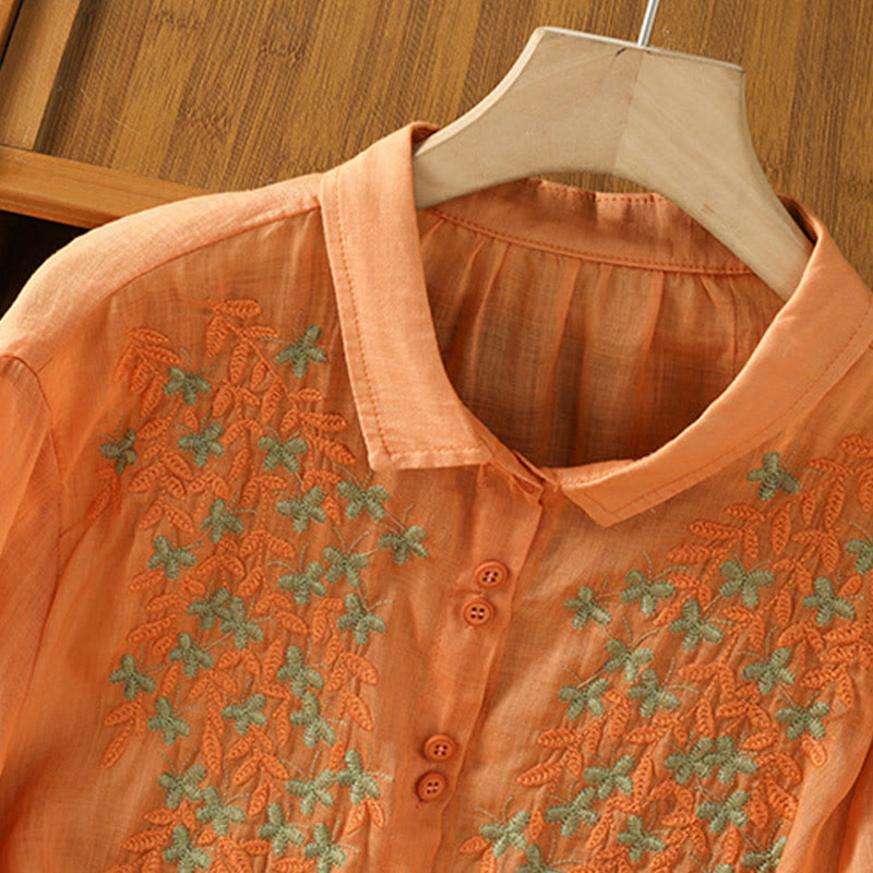 Buddha Stonesカジュアル 植物刺繍 スタンドカラー レディース コットンブレンド 七分袖シャツ - image 29