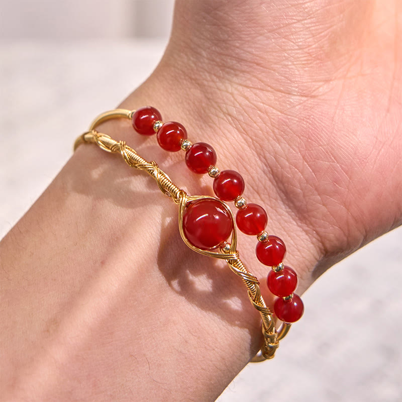 Buddha Stones 14K ゴールドフィルド銅製天然レッドアゲートビーズ 自信を与えるメタルカフブレスレットバングル