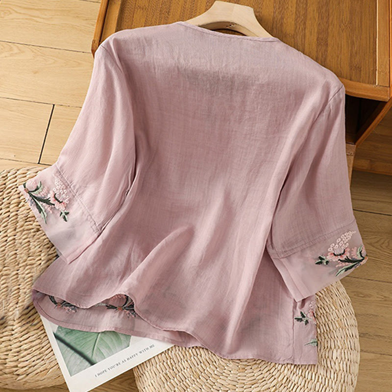 Buddha Stonesカジュアル フローラル 刺繍 クルーネック レディース フロッグボタン ポリエステル ハーフスリーブ シャツ - image 16