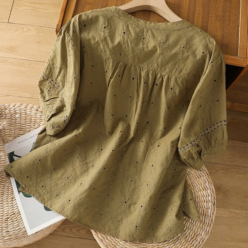 Buddha Stonesカジュアル 無地 中空 ノッチ付き レディース コットン リネン 半袖シャツ - image 17