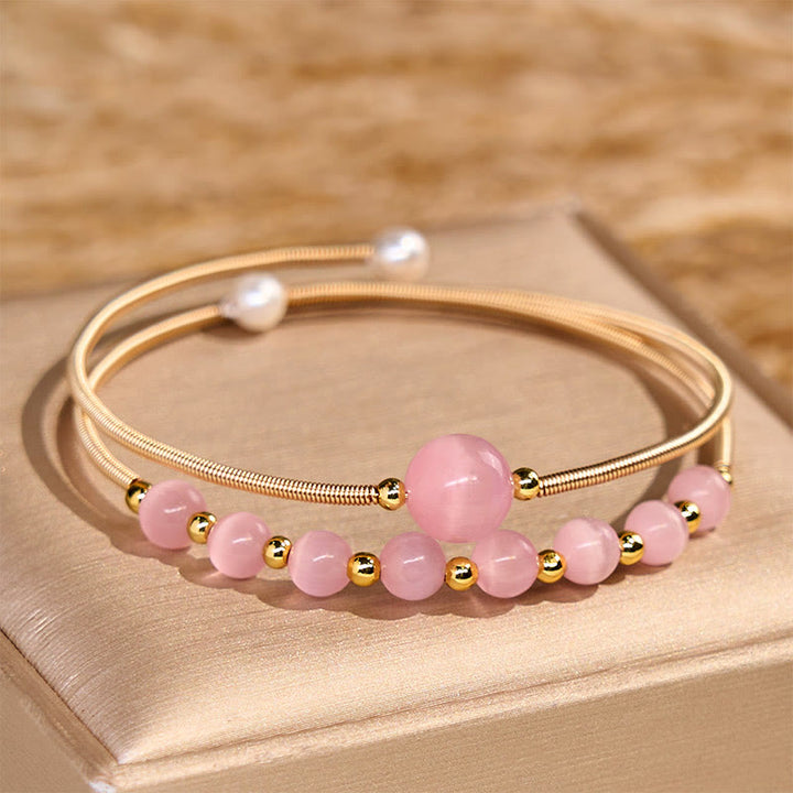 Buddha Stones 14Kゴールドフィルド銅ピンクキャットアイサポートメタルカフブレスレットバングル