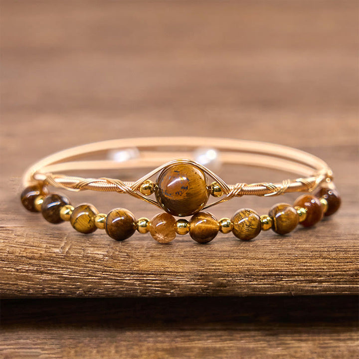 Buddha Stones14Kゴールドフィルド銅製天然タイガーアイ保護メタルカフブレスレットバングル