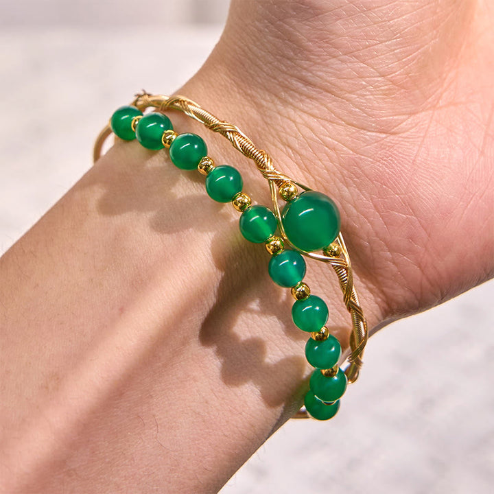Buddha Stones 14K ゴールドフィルド銅 天然グリーンアゲート パワーメタル カフブレスレット バングル