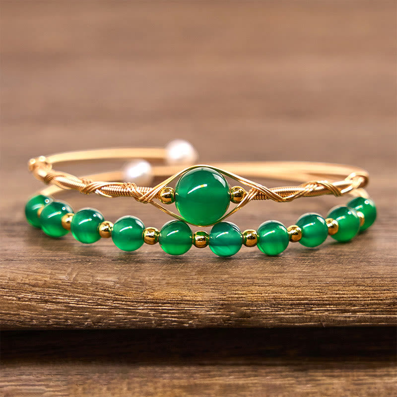 Buddha Stones 14K ゴールドフィルド銅 天然グリーンアゲート パワーメタル カフブレスレット バングル