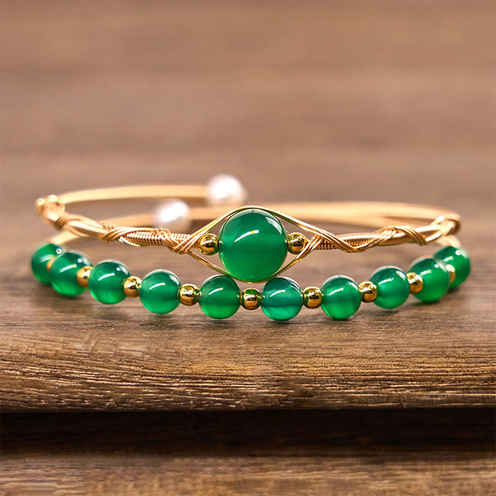 Buddha Stones 14K ゴールドフィルド銅 天然グリーンアゲート パワーメタル カフブレスレット バングル
