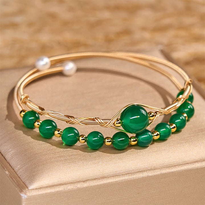 Buddha Stones 14K ゴールドフィルド銅 天然グリーンアゲート パワーメタル カフブレスレット バングル