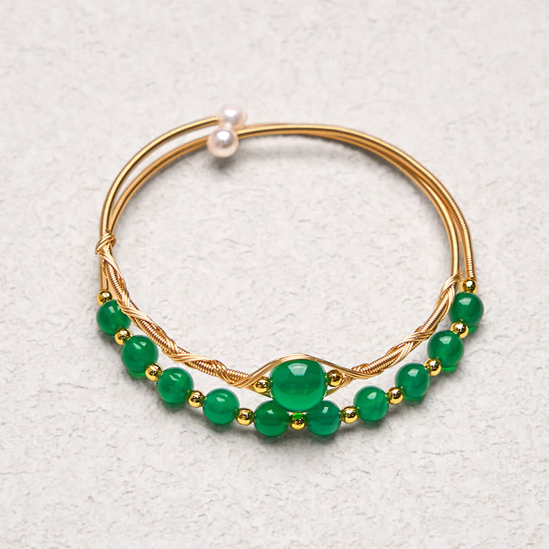 Buddha Stones 14K ゴールドフィルド銅 天然グリーンアゲート パワーメタル カフブレスレット バングル