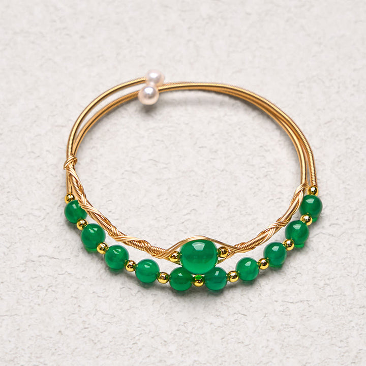Buddha Stones 14K ゴールドフィルド銅 天然グリーンアゲート パワーメタル カフブレスレット バングル