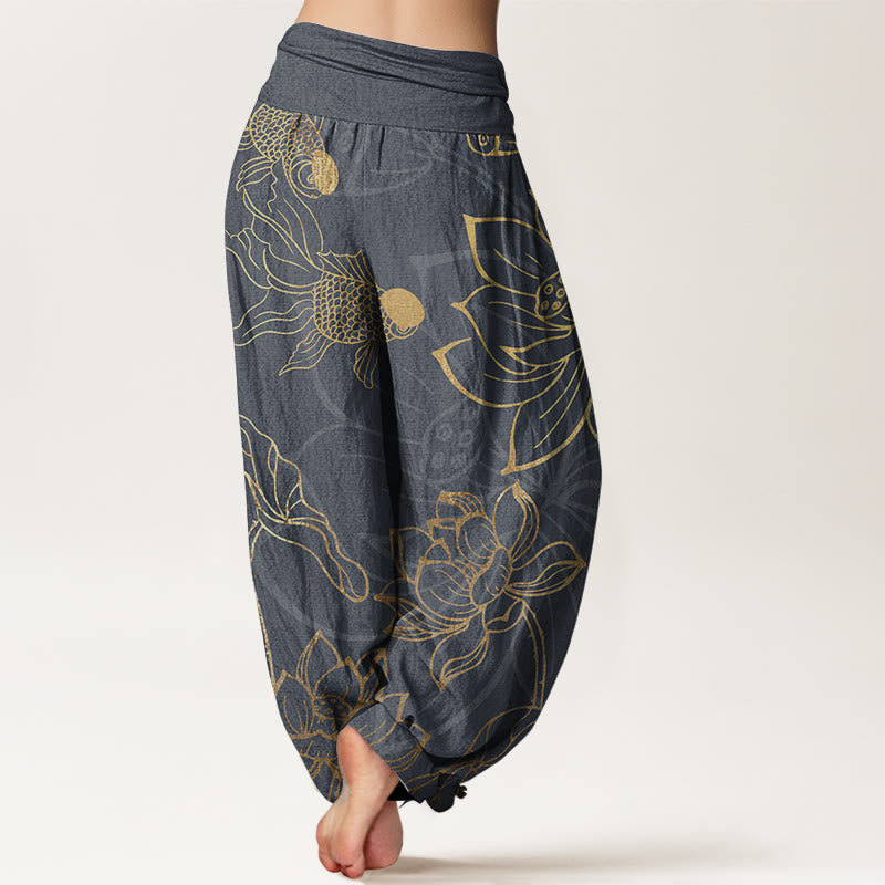 Buddha Stones純綿 蓮の葉 鯉 レディース 伸縮性ウエスト ハーレムパンツ