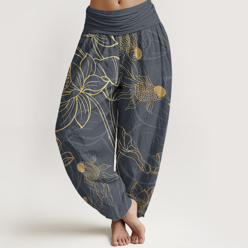 Buddha Stones純綿 蓮の葉 鯉 レディース 伸縮性ウエスト ハーレムパンツ - ディムグレー - US22、 UK/AU26、 EU54 (6XL) - image 0