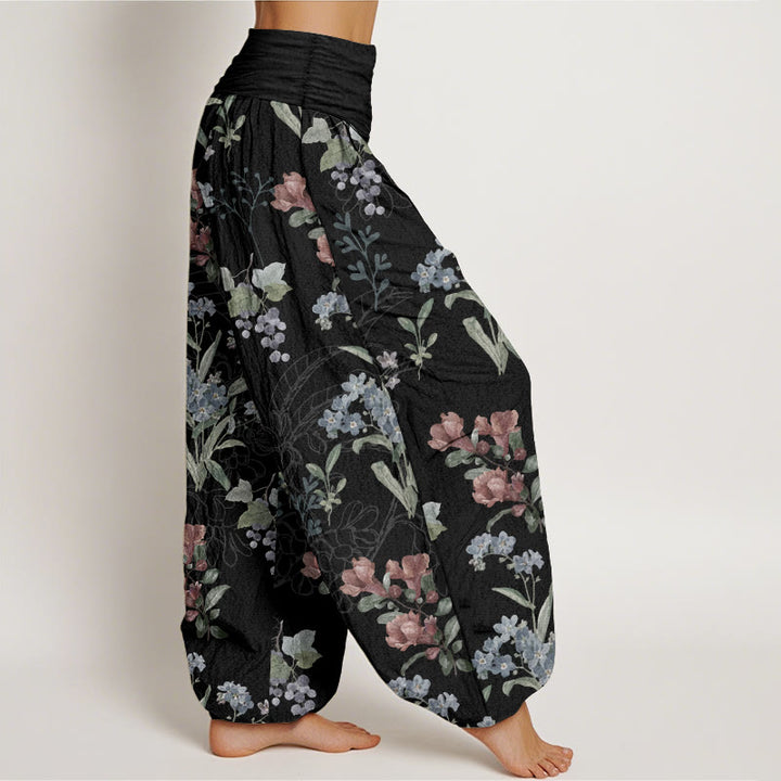 Buddha Stones純綿 赤 青 花 緑 葉 デザイン レディース 伸縮性ウエスト ハーレムパンツ