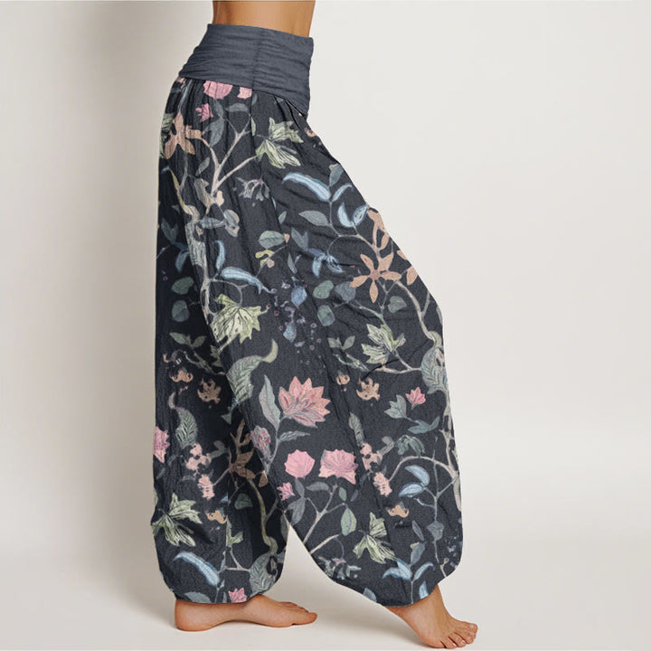 Buddha Stonesピュアコットン 花柄 葉 つるデザイン レディース 伸縮性ウエスト ハーレムパンツ