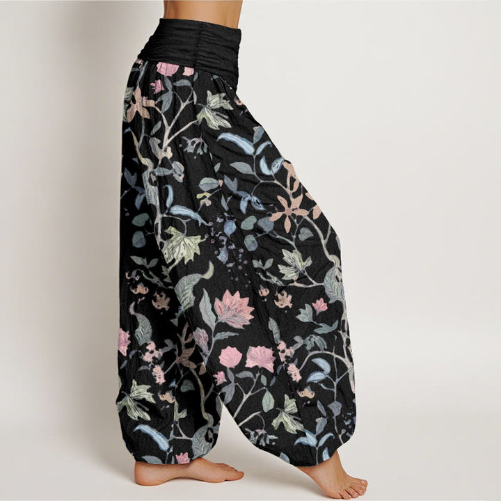 Buddha Stonesピュアコットン 花柄 葉 つるデザイン レディース 伸縮性ウエスト ハーレムパンツ