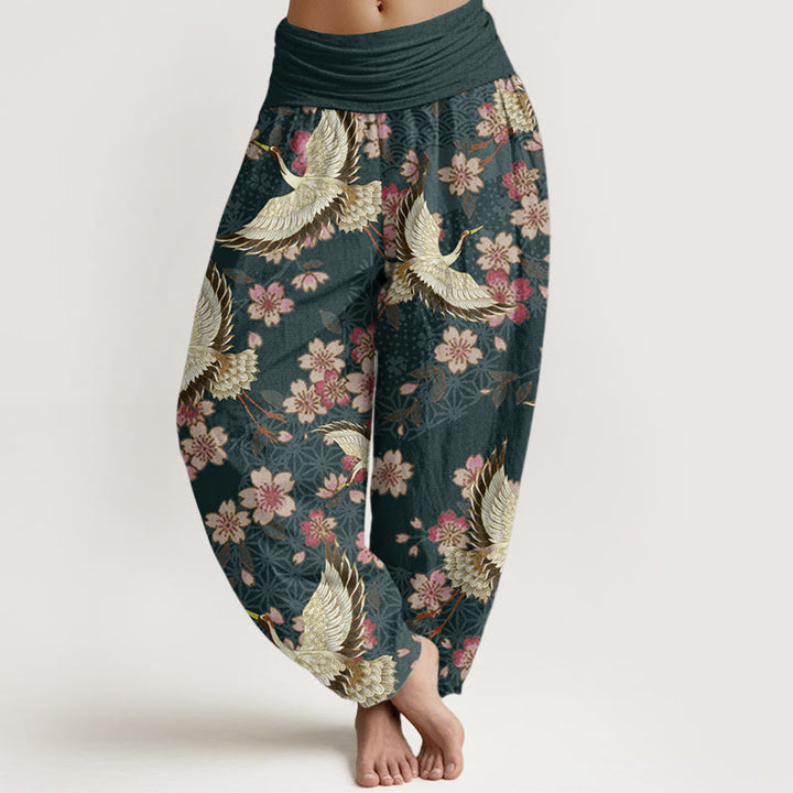 Buddha Stones純綿 鶴 桃の花柄 レディース 伸縮性ウエスト ハーレムパンツ